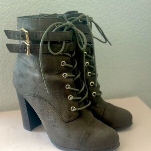 Military Green Lace-Up Ankle Boots